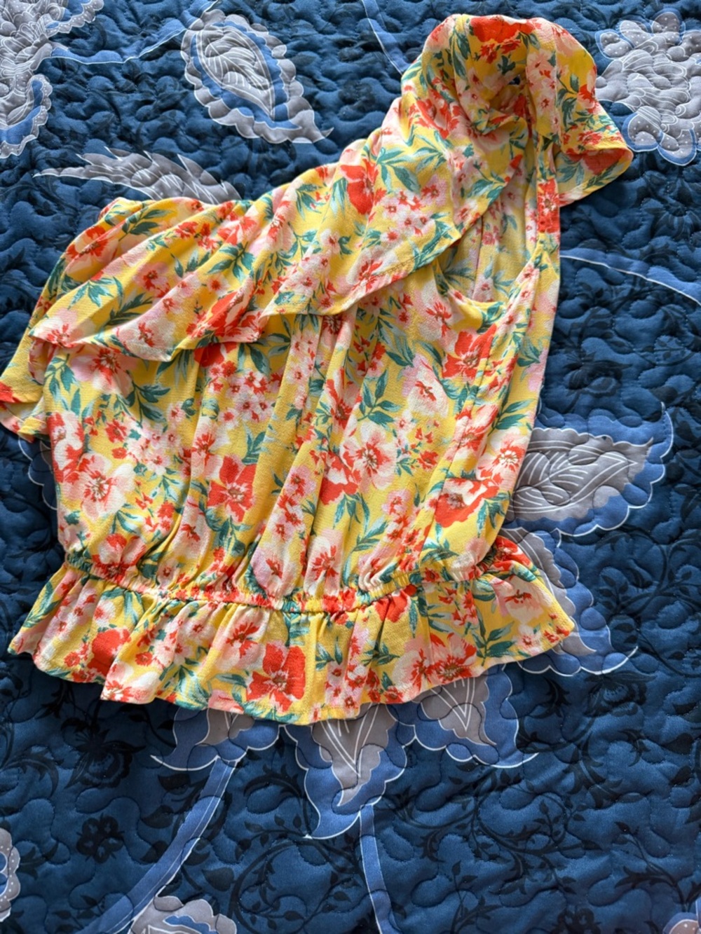 American Eagle Outfitters Yellow Floral Ruffle One-Shoulder Top